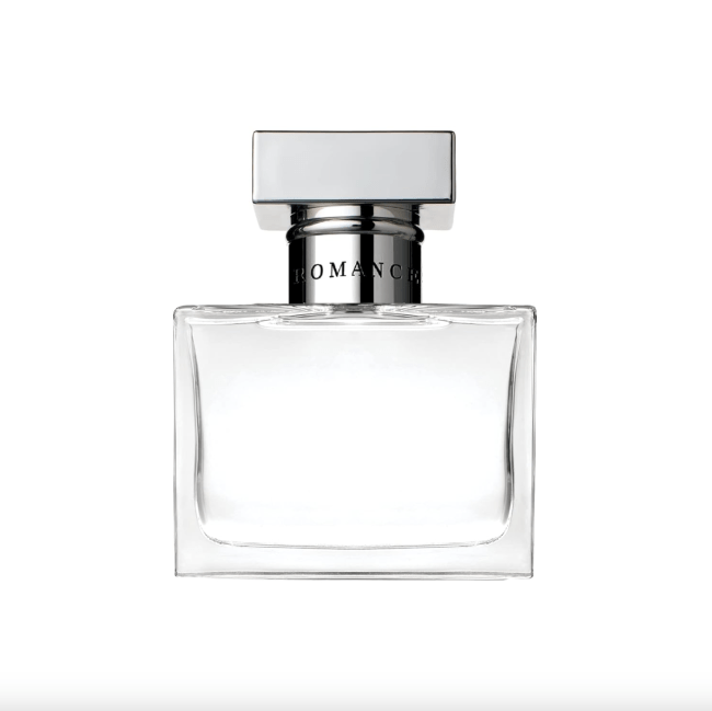 Ralph Lauren Romance Eau de Parfum in a clear square bottle.
