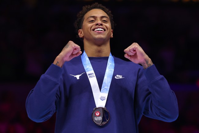 Shaine Casas of the United States reacts during the medal ceremony for the Men's 200m individual medley final on Day Seven of the 2024 U.S. Olympic Team Swimming Trials at Lucas Oil Stadium on June 21, 2024 in Indianapolis, Indiana.