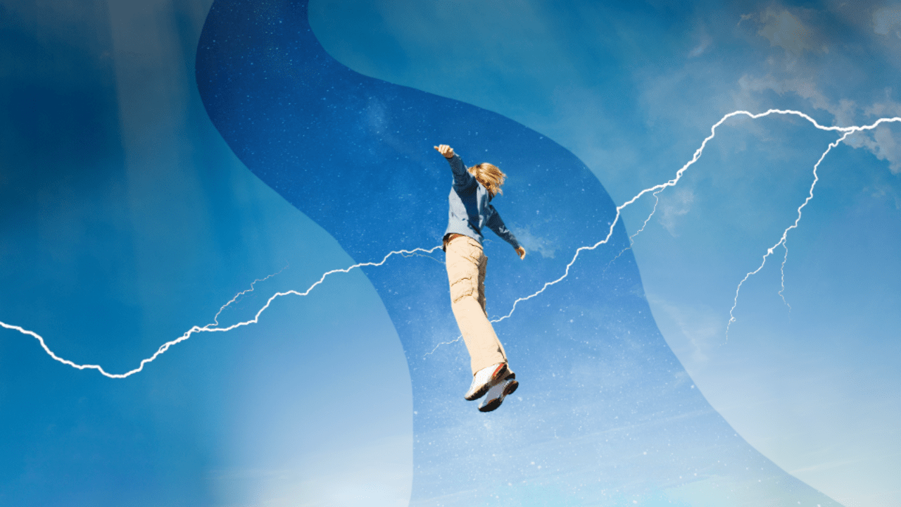 A woman rising into a blue sky with lightning bolts splintering around her