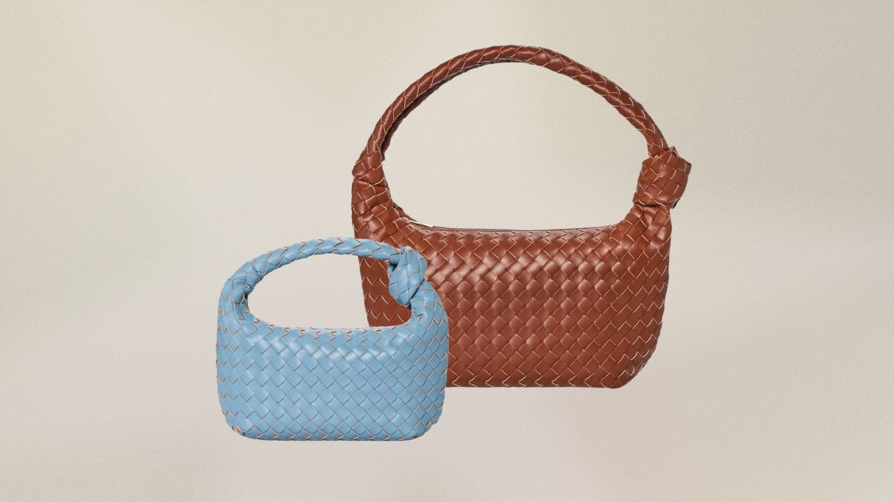 A small blue woven bag with a knotted handle and a large brown woven bag with a knotted handle.