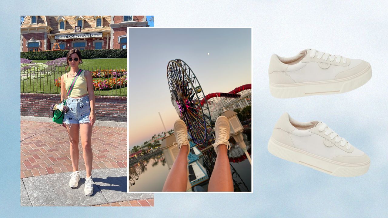 A woman standing in front of the Disneyland entrance, white REEF sneakers in front of the California Adventure ferris wheel, a pair of white REEF sneakers