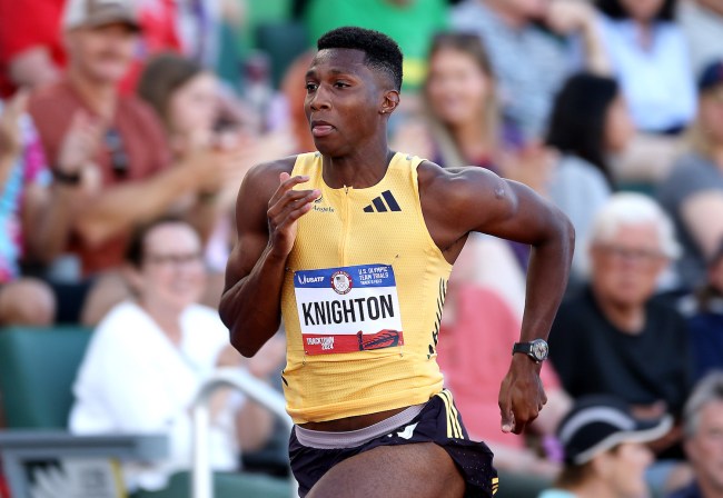 Erriyon Knighton competes in the men's 200 meter semi-final on Day Eight of the 2024 U.S. Olympic Team Track & Field Trials at Hayward Field on June 28, 2024 in Eugene, Oregon.