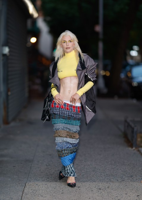 Julia Fox wearing a skirt made of boxers.