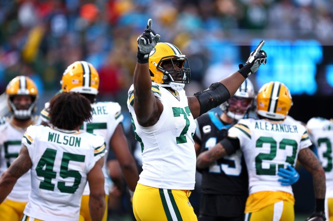 Yosh Nijman #73 of the Green Bay Packers reacts following the game against the Carolina Panthers at Bank of America Stadium on December 24, 2023 in Charlotte, North Carolina.