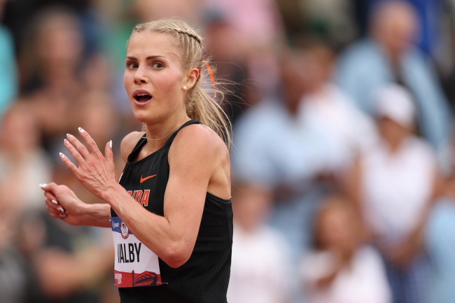 Silver medalist Parker Valby reacts after crossing the finish line the women's 10,000 meter final on Day Nine of the 2024 U.S. Olympic Team Track & Field Trials at Hayward Field on June 29, 2024 in Eugene, Oregon.