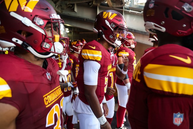 Jayden Daniels #5 of the Washington Commanders walks out of the tunnel prior to an NFL football game against the New York Jets at MetLife Stadium on August 10, 2024 in East Rutherford, NJ.