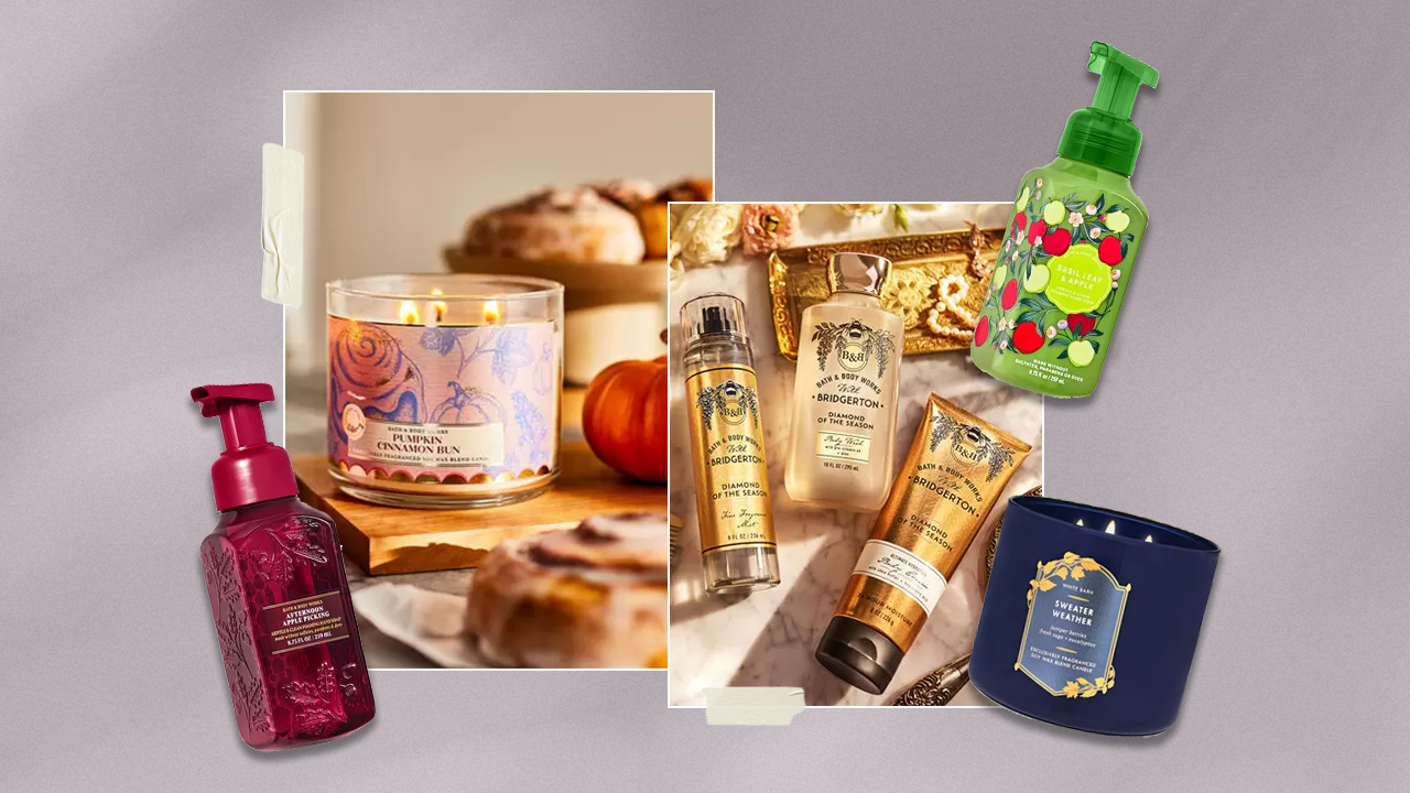 Left to Right: Bath & Body Works hand soap; Bath & Body Works candle; Bath & Body Works Bridgerton Diamon of the Season collection; Bath & Body Works hand soap; Bath & Body Works candle.