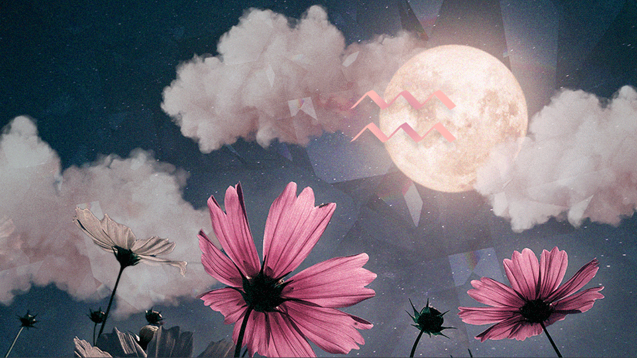 A gif of clouds moving back and forth over a full moon in Aquarius with pink daisies sprouting from the earth.
