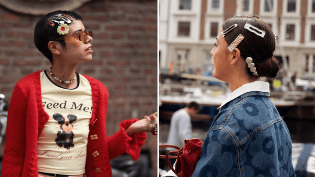 Left: A Fashion Week guest is seen wearing several multicolored hair clips, rectangular sunglasses with yellow transparent frame and wide temples from Linda Farrow x The Attico, a necklace with green-shaded pendants, a red knitted long-sleeved cardigan from Ganni, a yellow tee featuring a dog print with lettering underneath, a yellow see-through maxi skirt adorned with a draped flower and a diagonal cut-out, black lingerie with straps holding a keychain with multiple pendants, and a red ruffled round handbag on the wrist before the Gestuz Show during the Copenhagen Fashion Week (CPHFW) SS25 on August 07, 2024 in Copenhagen, Denmark. Right: Vicky Montanari wears blue denim shirt, red bag and hair clips attends VIP guest trip with a boat to the Marimekko show during day four of the Copenhagen Fashion Week (CPHFW) SS25 on August 08, 2024 in Copenhagen, Denmark.