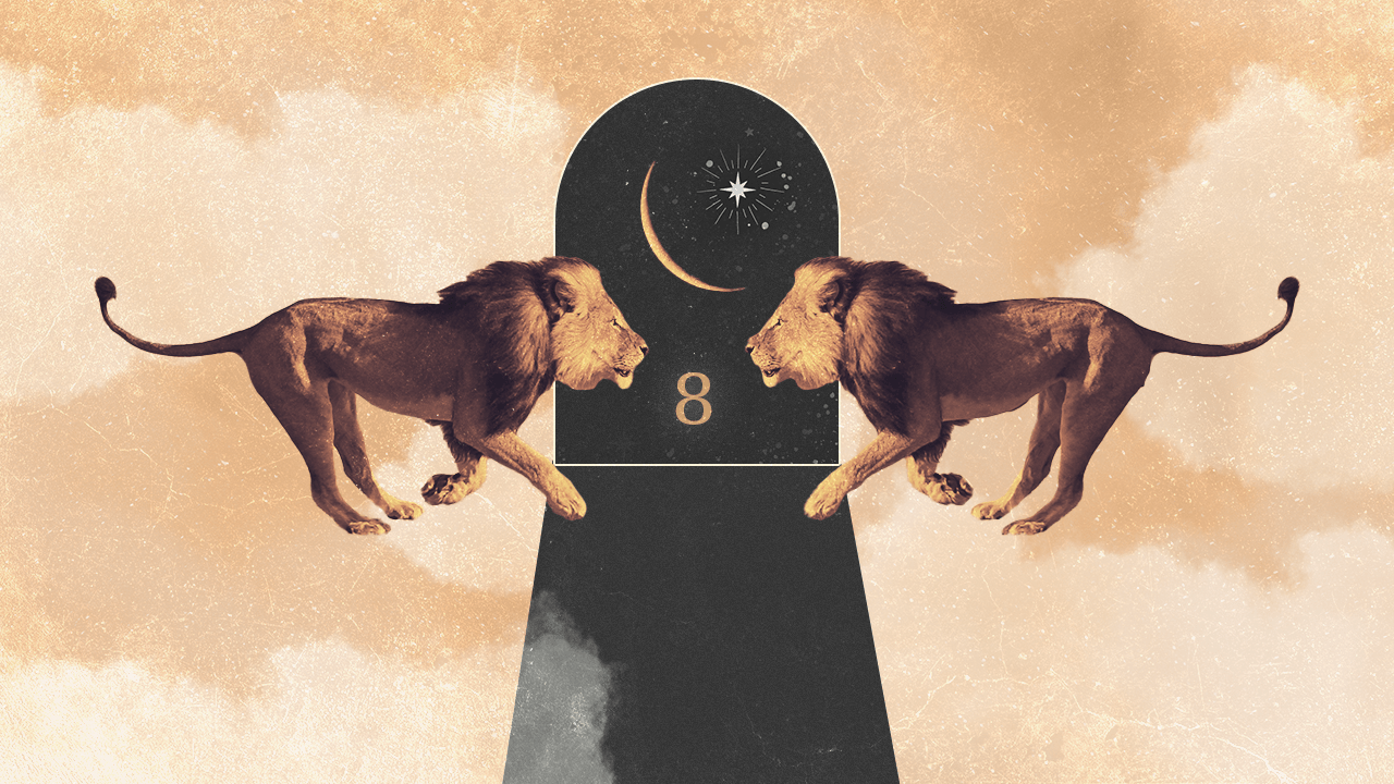 Two lions running toward each other over a portal into a crescent moon and the number 8