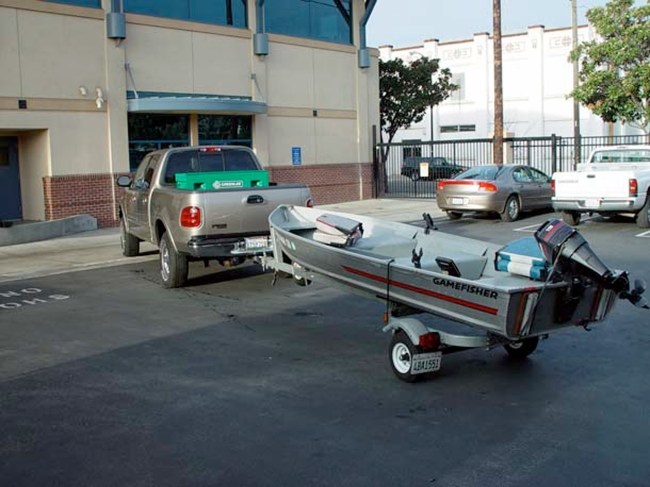 This handout image from the Modesto Police shows a Ford F150 pickup with California license 6T59718 and a fishing boat belonging to Scott Peterson January 3, 2003 in Modesto, California. Peterson's pregnant wife Laci went missing on Christmas Eve 2002. The Modesto Police published several images of Scott Peterson's truck and boat on their Web site in order to "corroborate" his alibi.