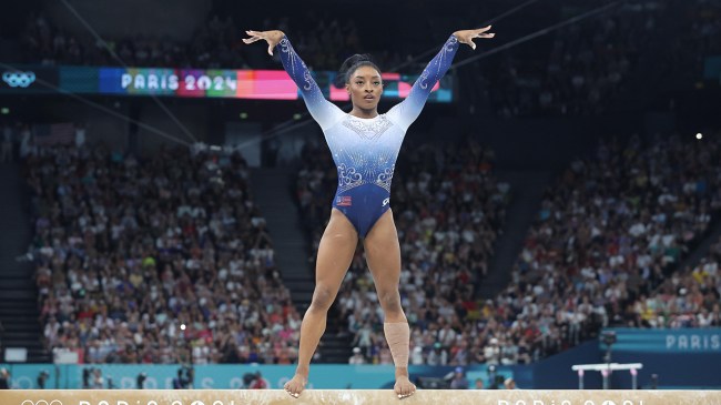 Simone Biles of Team United States competes during the Women's Balance Beam Final on day ten of the Olympic Games Paris 2024 at Bercy Arena on August 5, 2024 in Paris, France. 