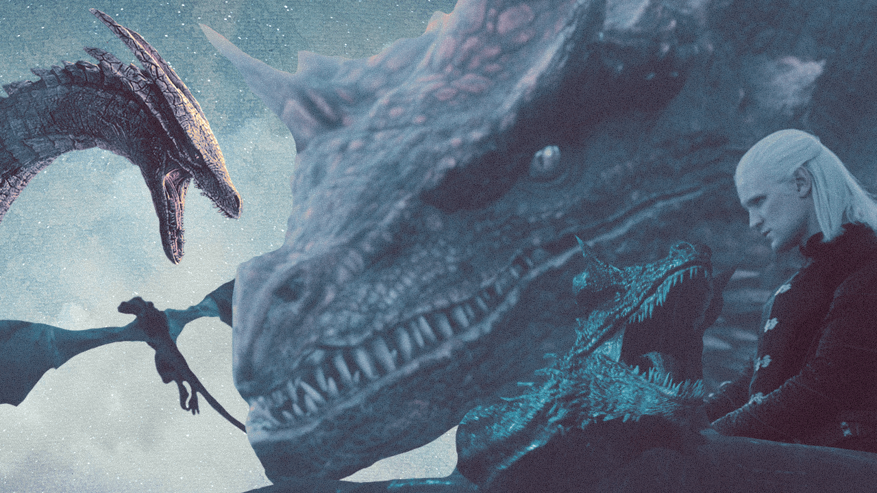 Various dragons from the House of Dragon show on Netflix flying through a gray-blue sky, along with Daemon Targaryen.