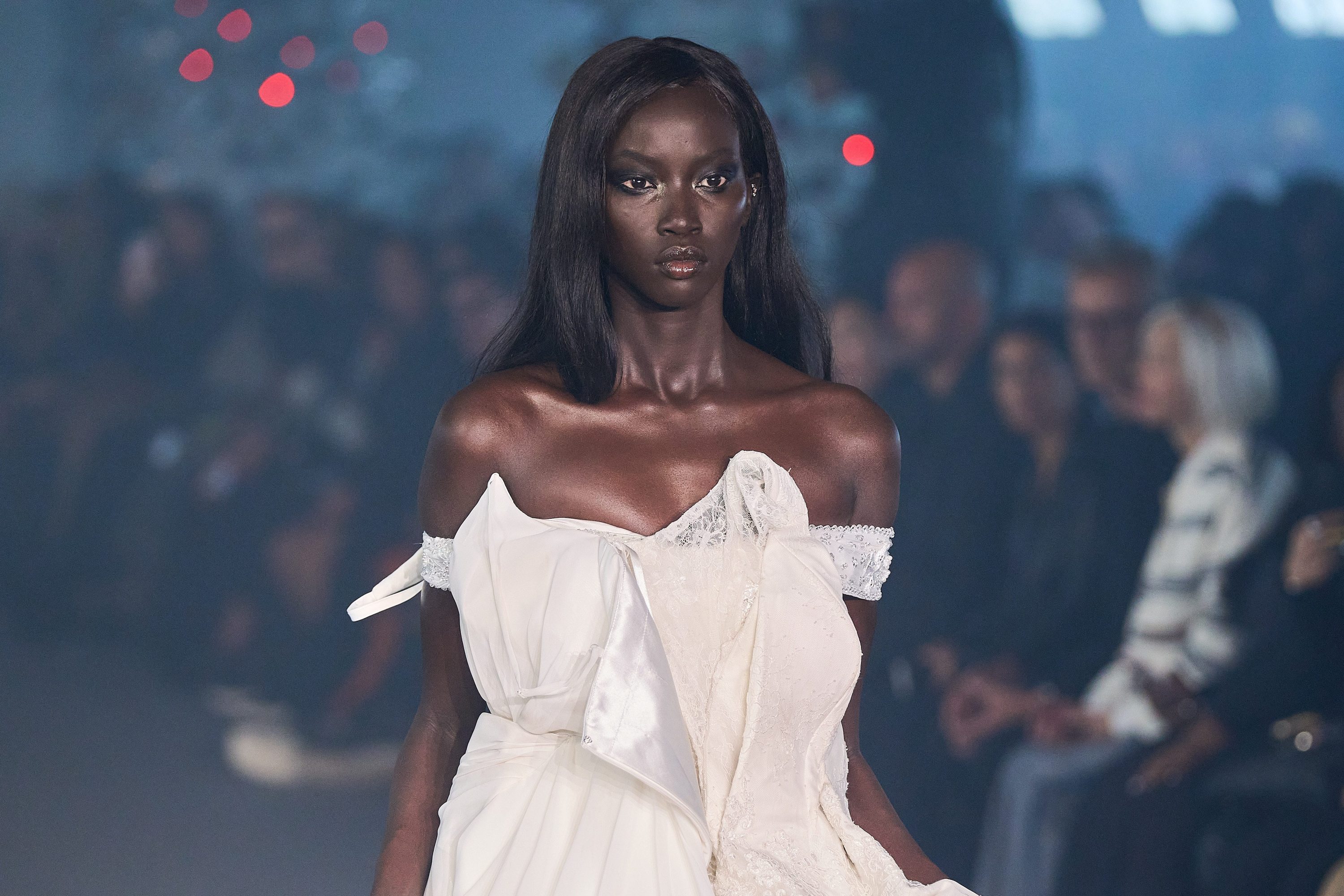 For Non-Editorial use please seek approval from Fashion House) Anok Yai  walks the runway during the Vetements Paris Womenswear Spring-Summer 2025 show as part of Paris Fashion Week on September 27, 2024 in Paris, France.