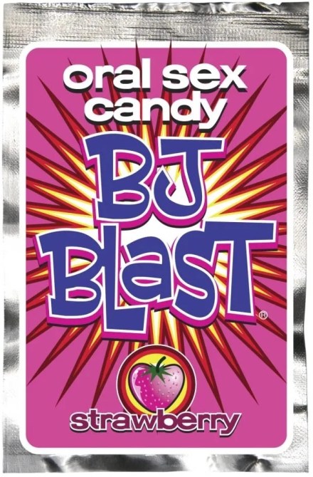 The pink packaging of "BJ Blast" oral sex candy