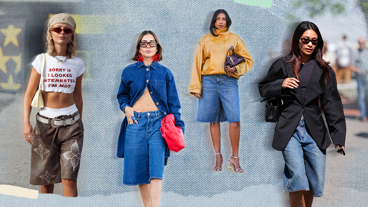 Left to Right: A guest wears brown wide shorts with white belt, white cropped shirts with printed text in red letters, white underwear, beige hat and black long boots outside the Rolf Ekroth show during the Copenhagen Fashion Week (CPHFW) SS25 on August 05, 2024 in Copenhagen, Denmark; A guest wears black sunglasses with orange lenses, bright red floral earrings, dark navy blue denim jean half button long sleeve dress, bright red drawstring bag, a blue ring, light navy blue denim jean jorts, dark brown sandals, outside Forza Collective, during the Copenhagen Fashion Week Spring/Summer 2024-2025 on August 5, 2024 in Copenhagen, Denmark; A guest wears a brown shiny leather jacket with puff sleeves, a burgundy leather bag, blue ripped denim / jeans shorts / jorts, kitten heels shoes, outside Remain, during day two of the Copenhagen Fashion Week (CPHFW) SS25 on August 06, 2024 in Copenhagen, Denmark; A guest wears black sunglasses, black shirt, black tailored blazer jacket, shiny black leather bag, light blue denim jean jorts, outside Joao Maraschin, during the Copenhagen Fashion Week Spring/Summer 2024-2025 on August 6, 2024 in Copenhagen, Denmark.