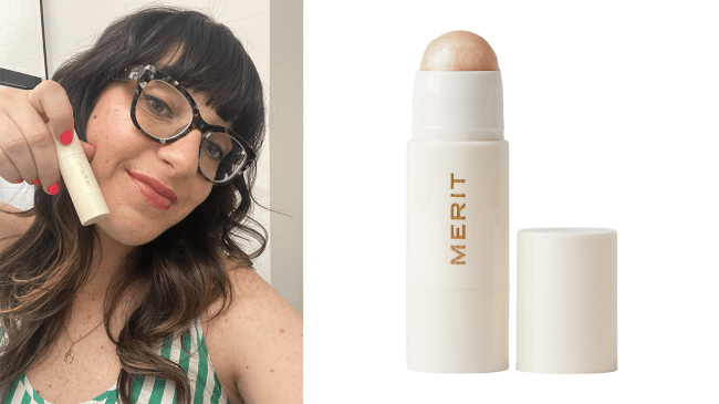 Left: Gina is wearing the Merit Beauty Day Glow in Cava; Right: Merit Beauty Day Glow in Cava.