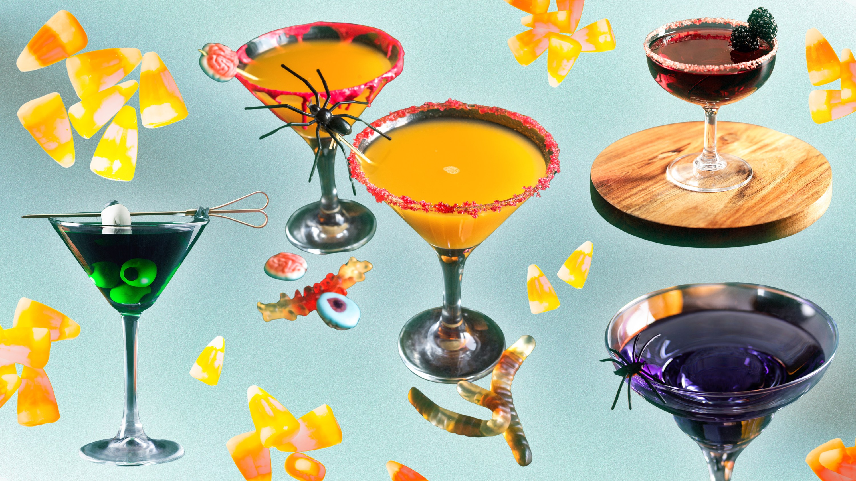 A collage of halloween mocktails and candy.