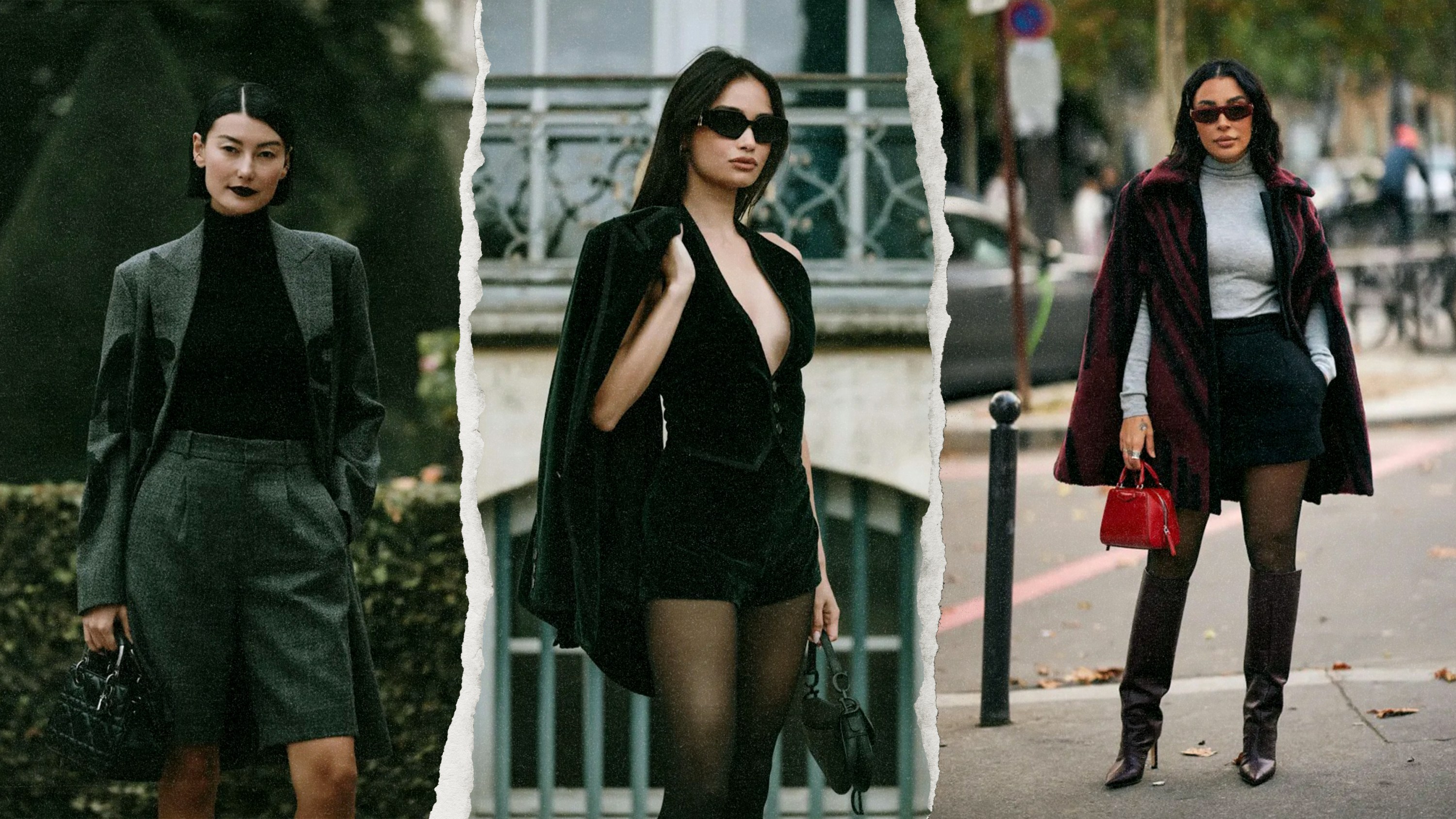 Three street style stars wearing dark outfits