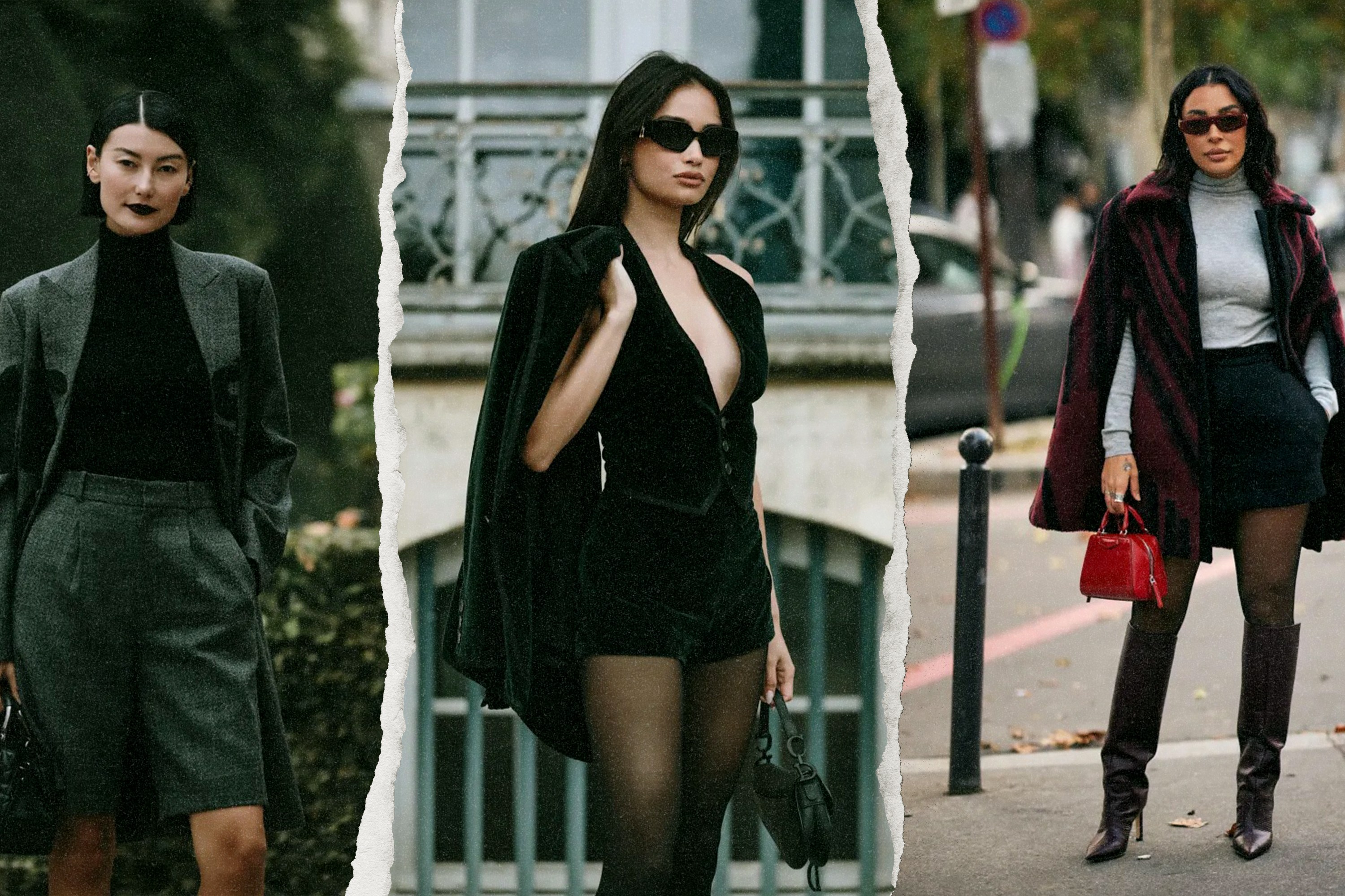 Three street style stars wearing dark outfits