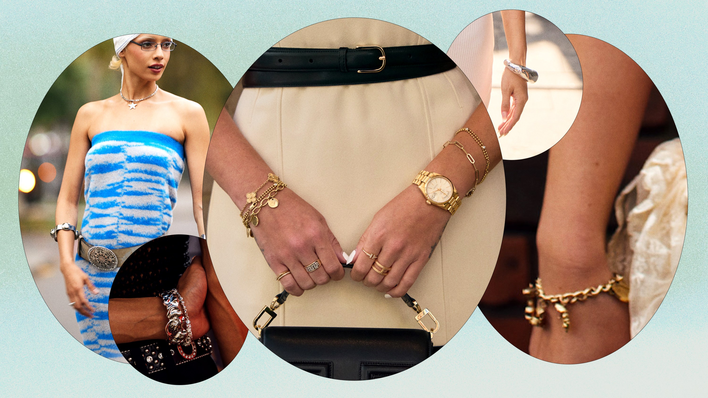 A collage of fashion week guests wearing 2025 bracelet trends.