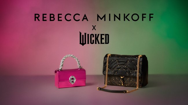 Rebecca Minkoff x Wicked campaign with two handbags.