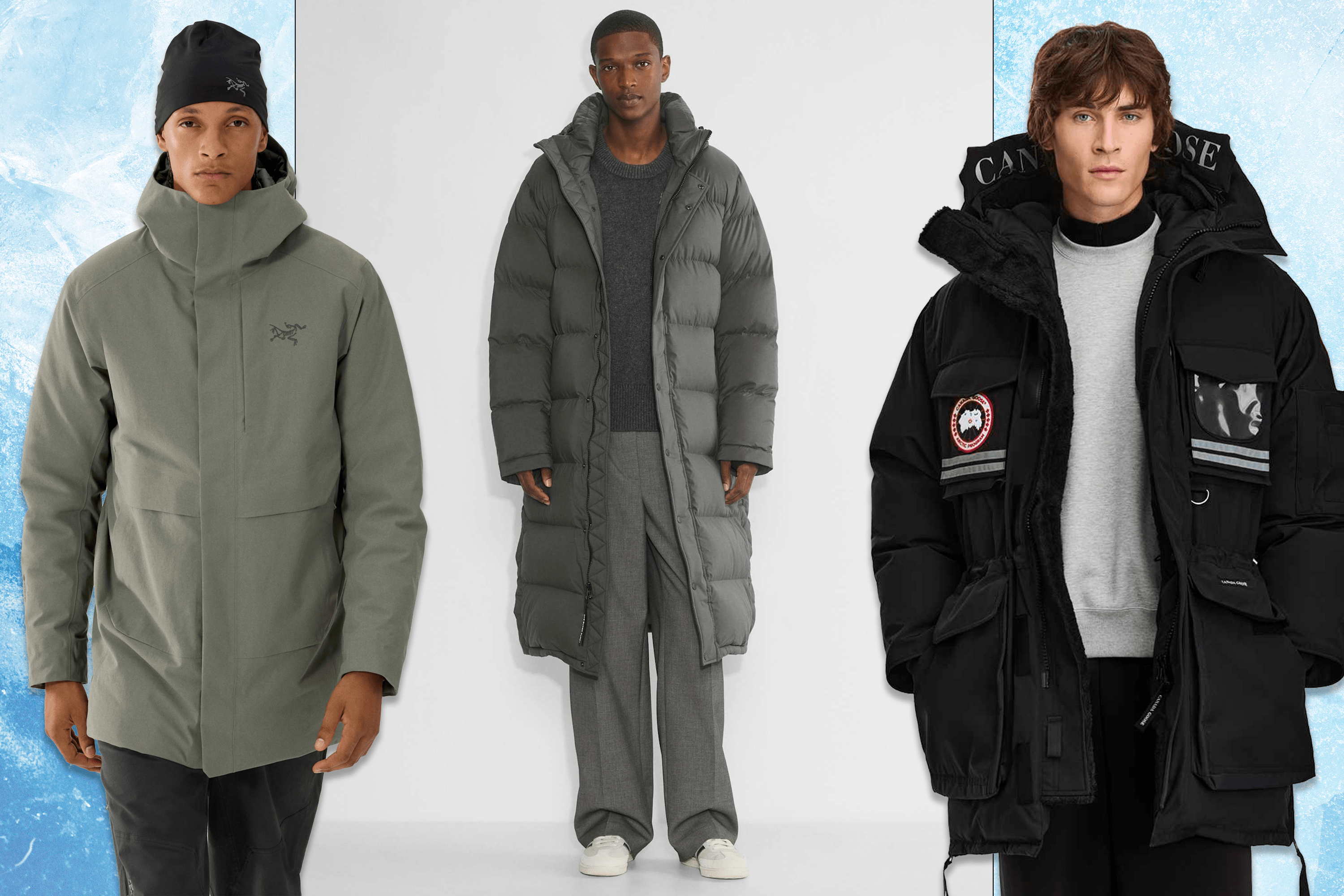 A model wearing a green-grey, mid-length Arc’teryx winter coat; a model wearing a grey, long Aritzia winter puffer coat; a model wearing a mid-length, black Canada Goose winter coat.