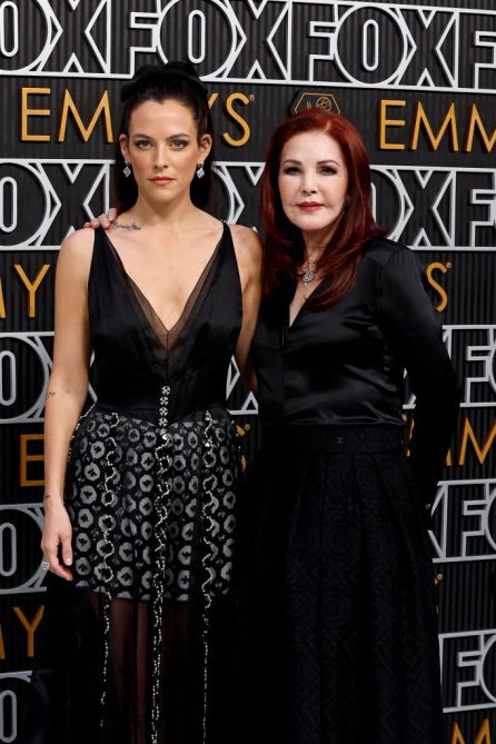 LOS ANGELES, CALIFORNIA - JANUARY 15: (L-R) Riley Keough and Priscilla Presley attend the 75th Primetime Emmy Awards at Peacock Theater on January 15, 2024 in Los Angeles, California.