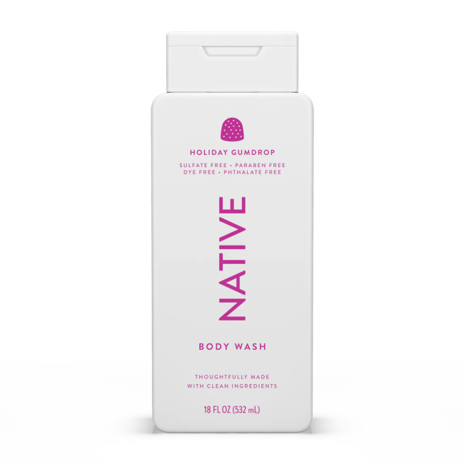 Native Holiday Gumdrop Body Wash in a white bottle.