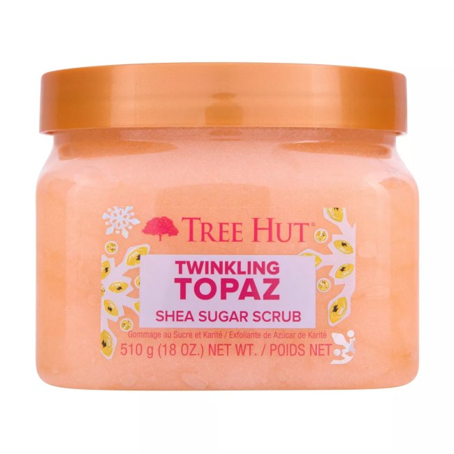 Tree Hut Twinkling Topaz Sugar Body Scrub in a clear jar.