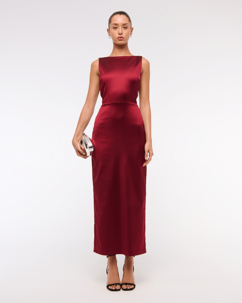 Abercrombie & Fitch High-Neck Satin Sculpt Midi Dress in Rich Ruby red