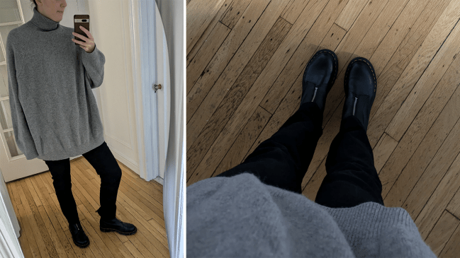 Sophie wearing the Dr. Martens 1460 Front Zip Leather Lace Up Boots in black.