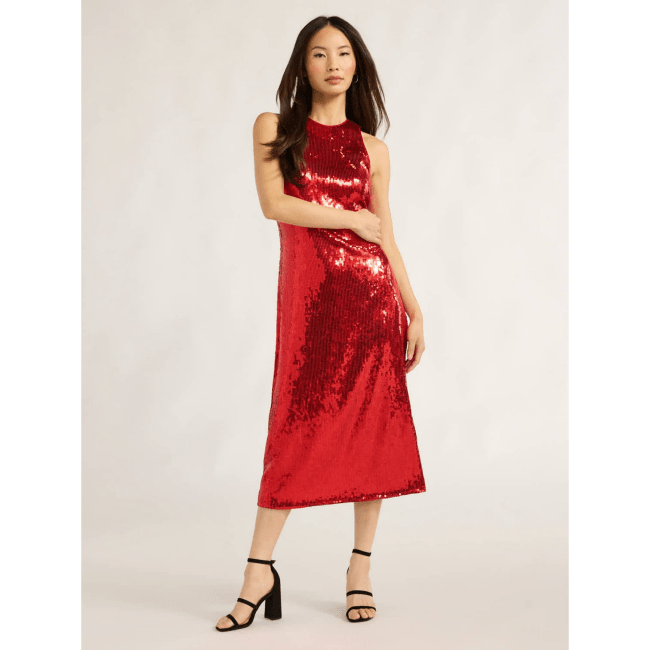 Scoop Sequin Midi Dress in bright red