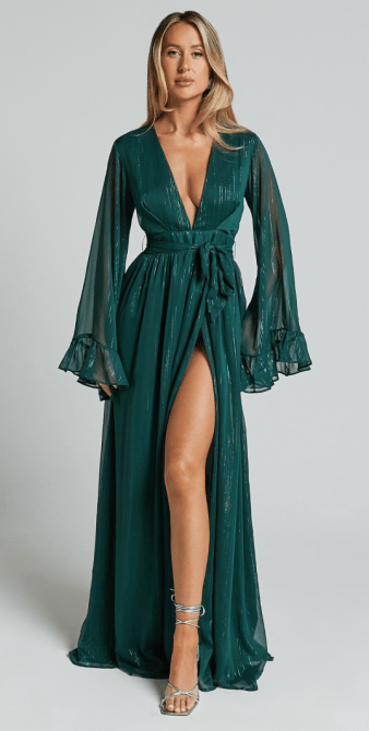 Showpo Plunge Thigh Split Dress in Emerald