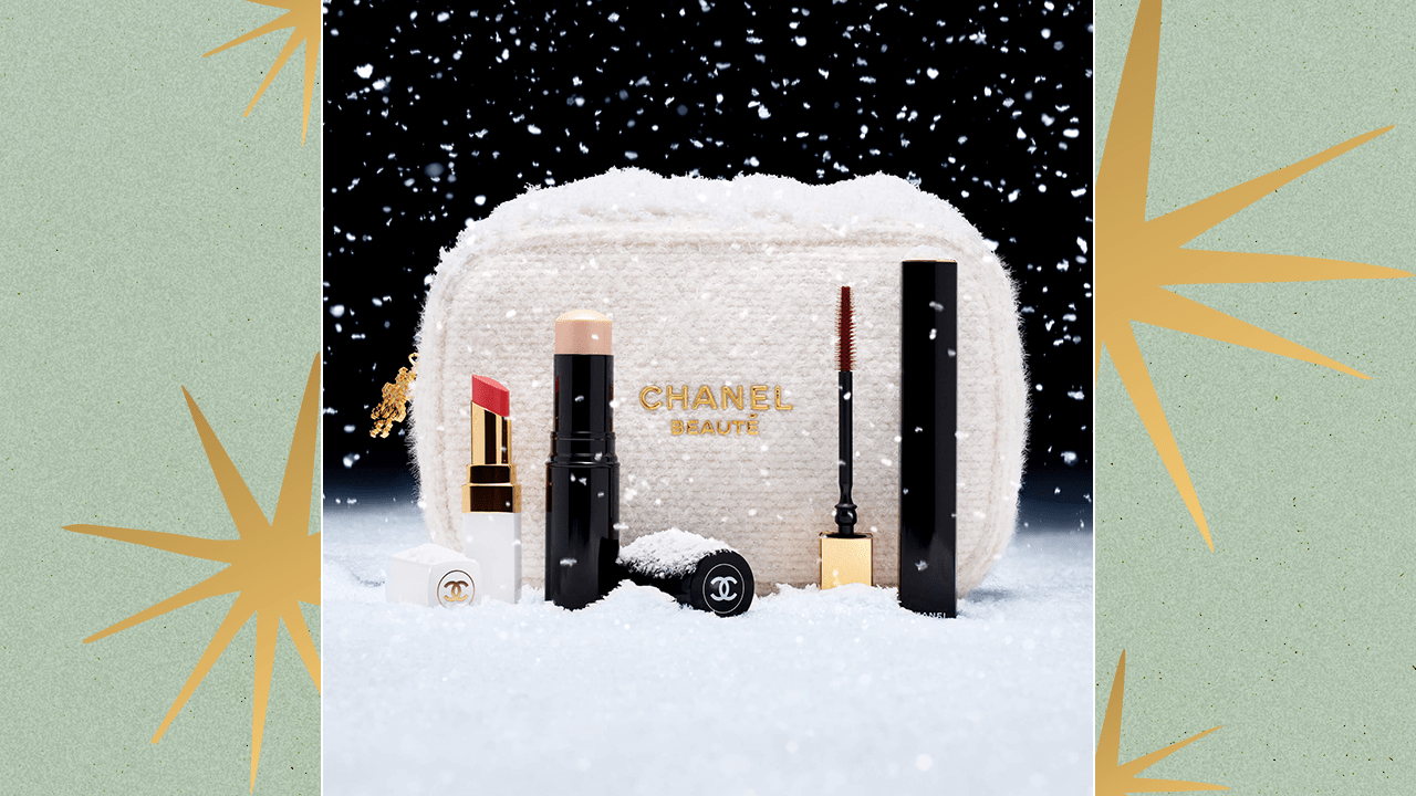 A Chanel makeup gift set with a white woven Chanel pouch.