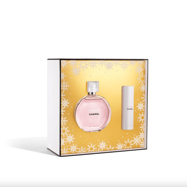 Chance Eau Tendre Eau de Toilette Twist and Spray Set in a gold gift box.