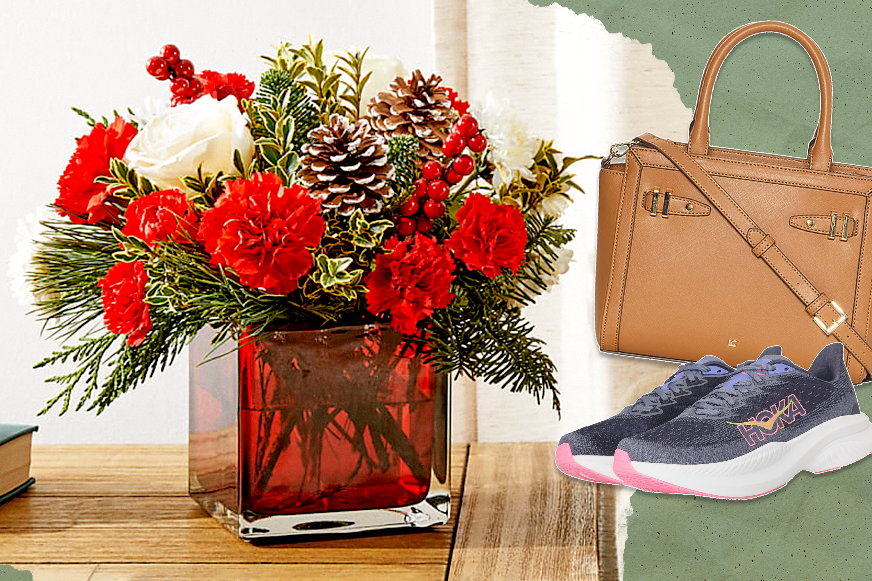 Left: FTD Christmas bouquet; Right: a Liz Claiborne tan/camel tote bag and dark purple/blue/gray Hoka sneakers