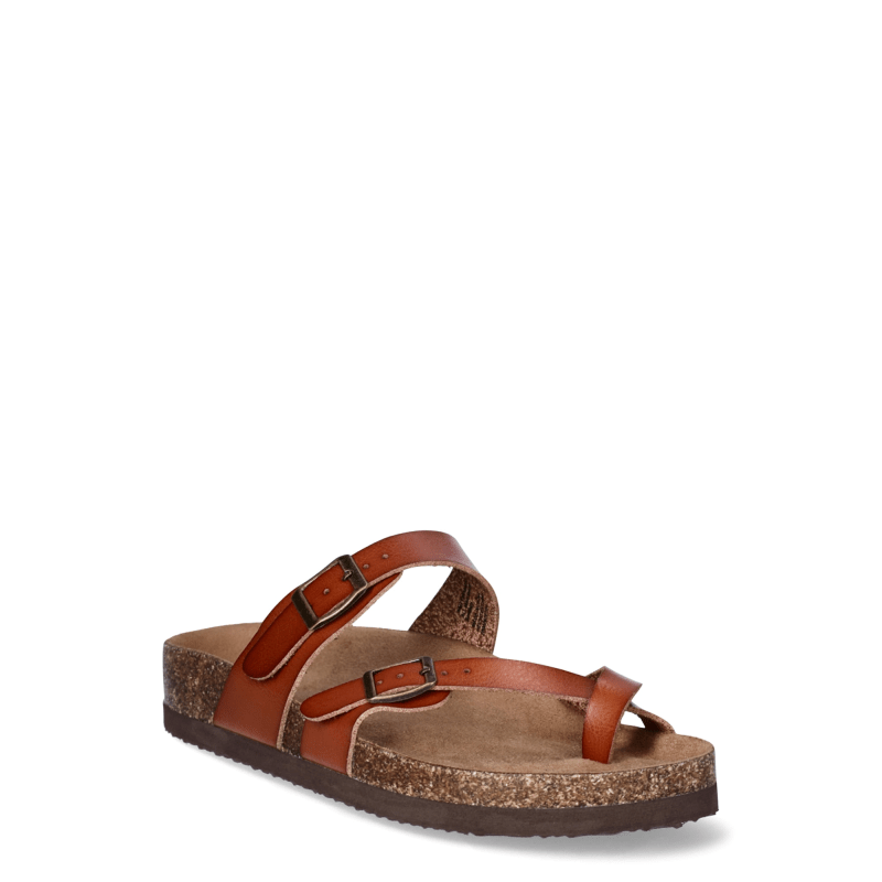 Time and Tru Women's Asymmetric Strap Flat Footbed Sandals in Cognac