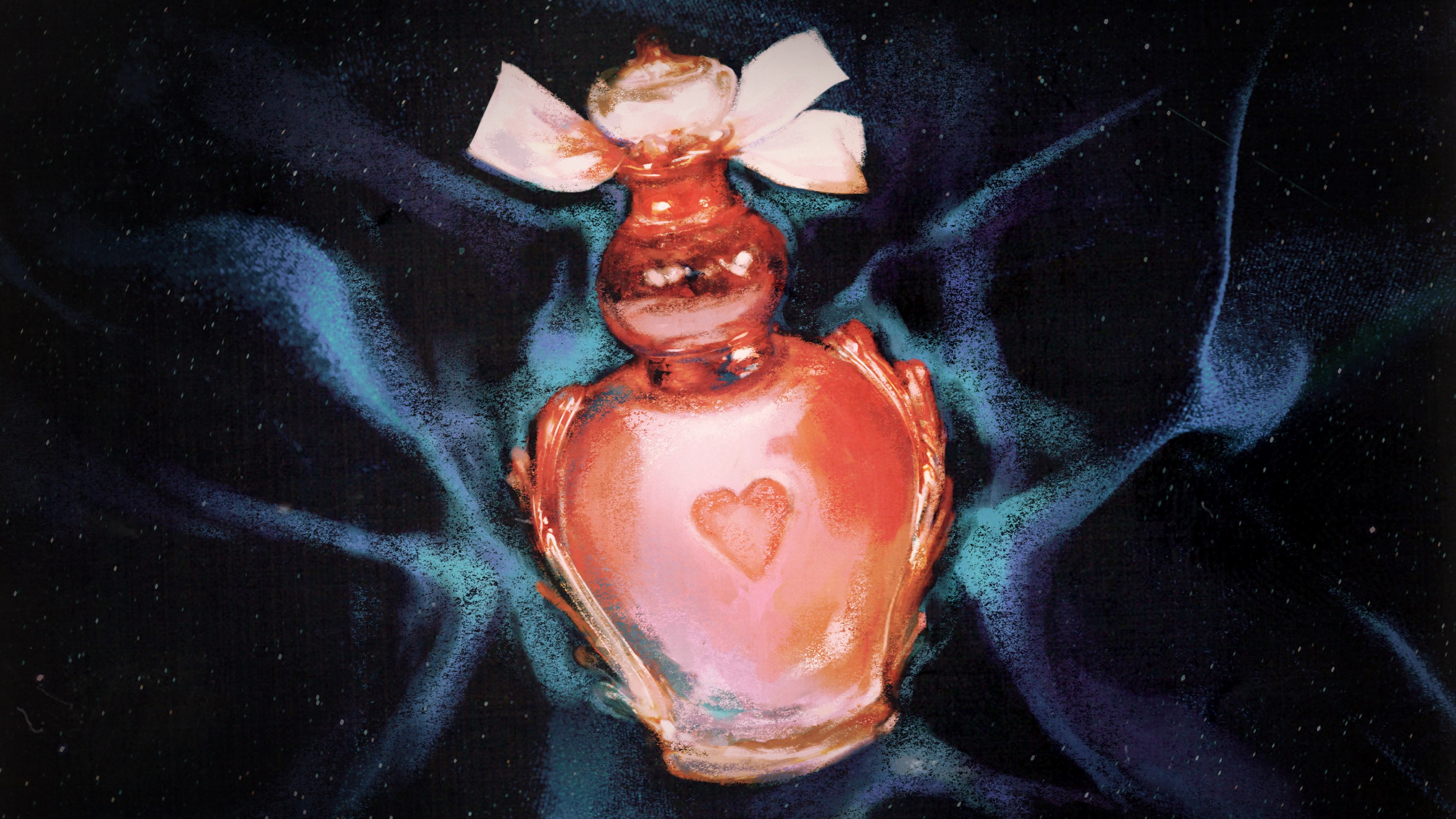 A pink love potion in a beautiful bottle wrapped with a ribbon