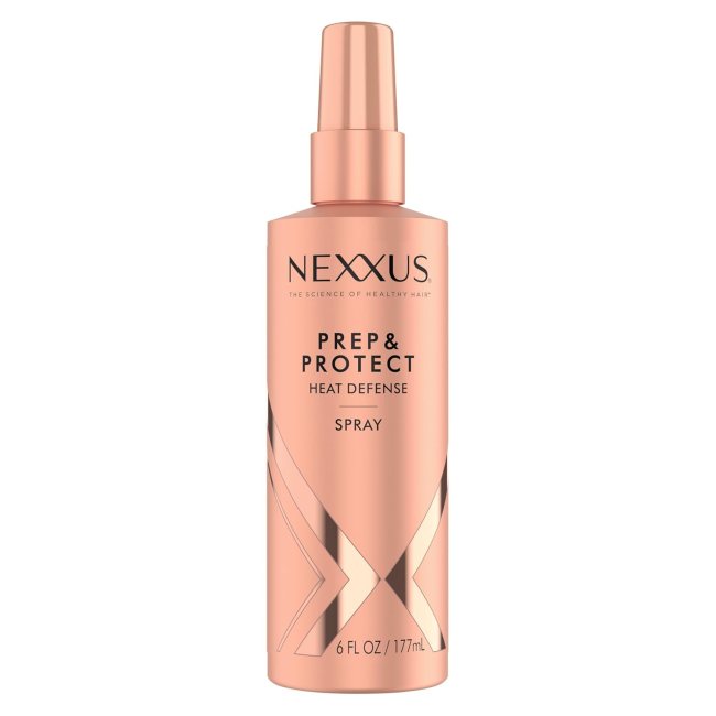 Nexxus Heat Defense Spray Prep & Protect in a rose gold bottle.