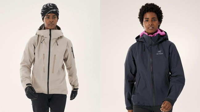 Two models wearing Arc'teryx ski jackets