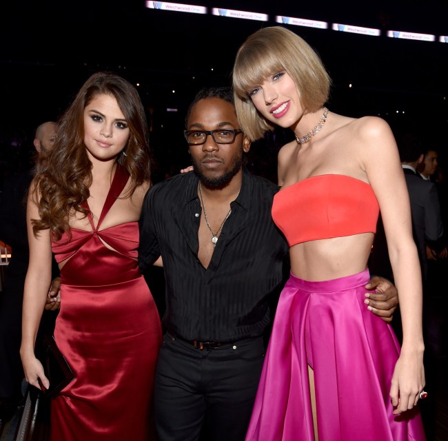 LOS ANGELES, CA - FEBRUARY 15:  Recording artists Selena Gomez, Kendrick Lamar and Taylor Swift attend The 58th GRAMMY Awards at Staples Center on February 15, 2016 in Los Angeles, California.
