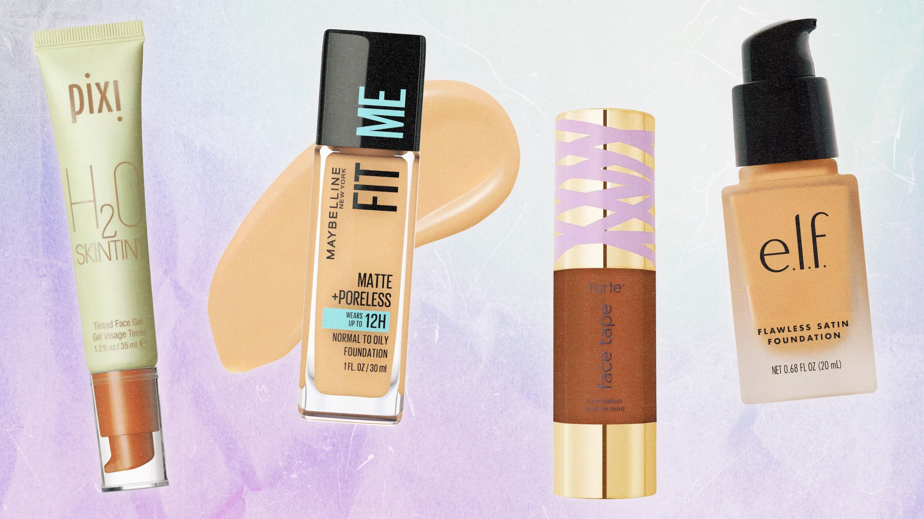 A Pixi foundation, a Maybelline foundation, a Tarte foundation, and an e.l.f. foundation.