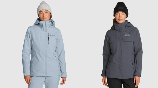 Two models wearing Eddie Bauer ski jackets
