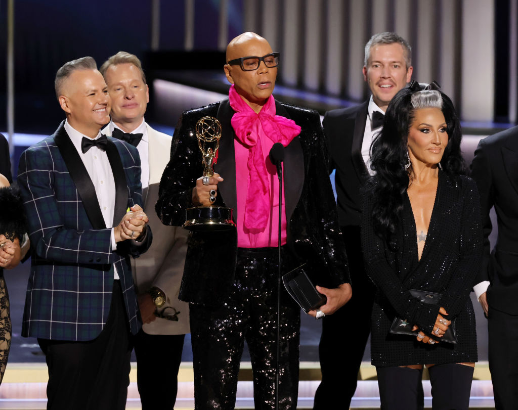 LOS ANGELES, CALIFORNIA - JANUARY 15: (L-R) Ross Mathews, Carson Kressley, RuPaul and Michelle Visage accept the Outstanding Reality Competition Program award for "RuPaul's Drag Race" onstage during the 75th Primetime Emmy Awards at Peacock Theater on January 15, 2024 in Los Angeles, California. (Photo by Kevin Winter/Getty Images)