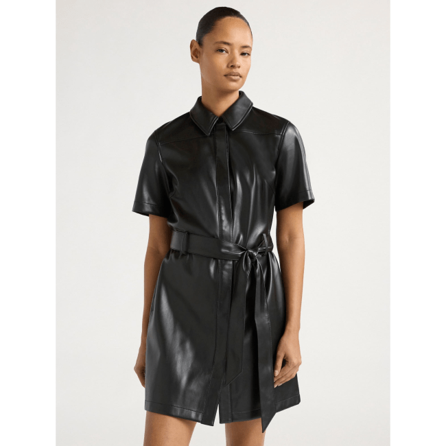 Scoop Faux Leather Collared Mini Shirt Dress with Short Sleeve in black