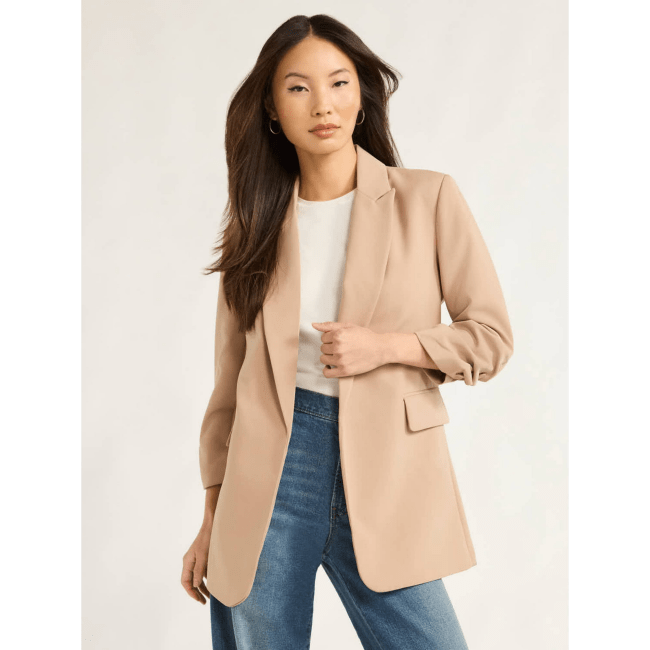 Scoop Ultimate Crepe Scrunch Sleeve Blazer in beige colorway