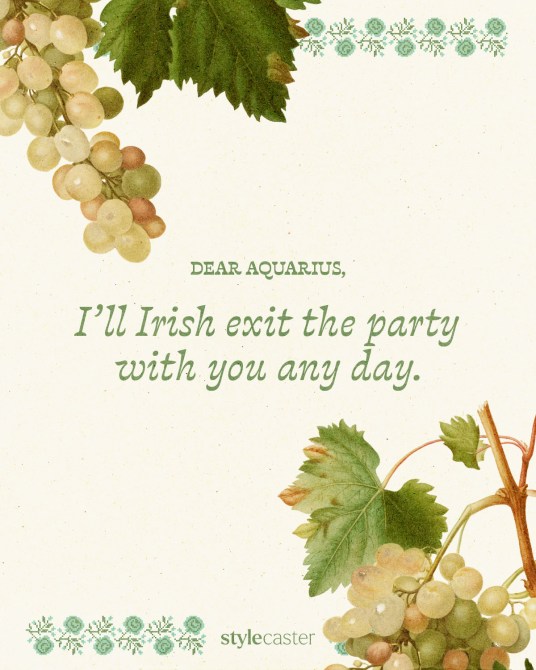 Valentine’s Day card that says:

Dear Aquarius,

I’ll Irish exit the party with you any day.
