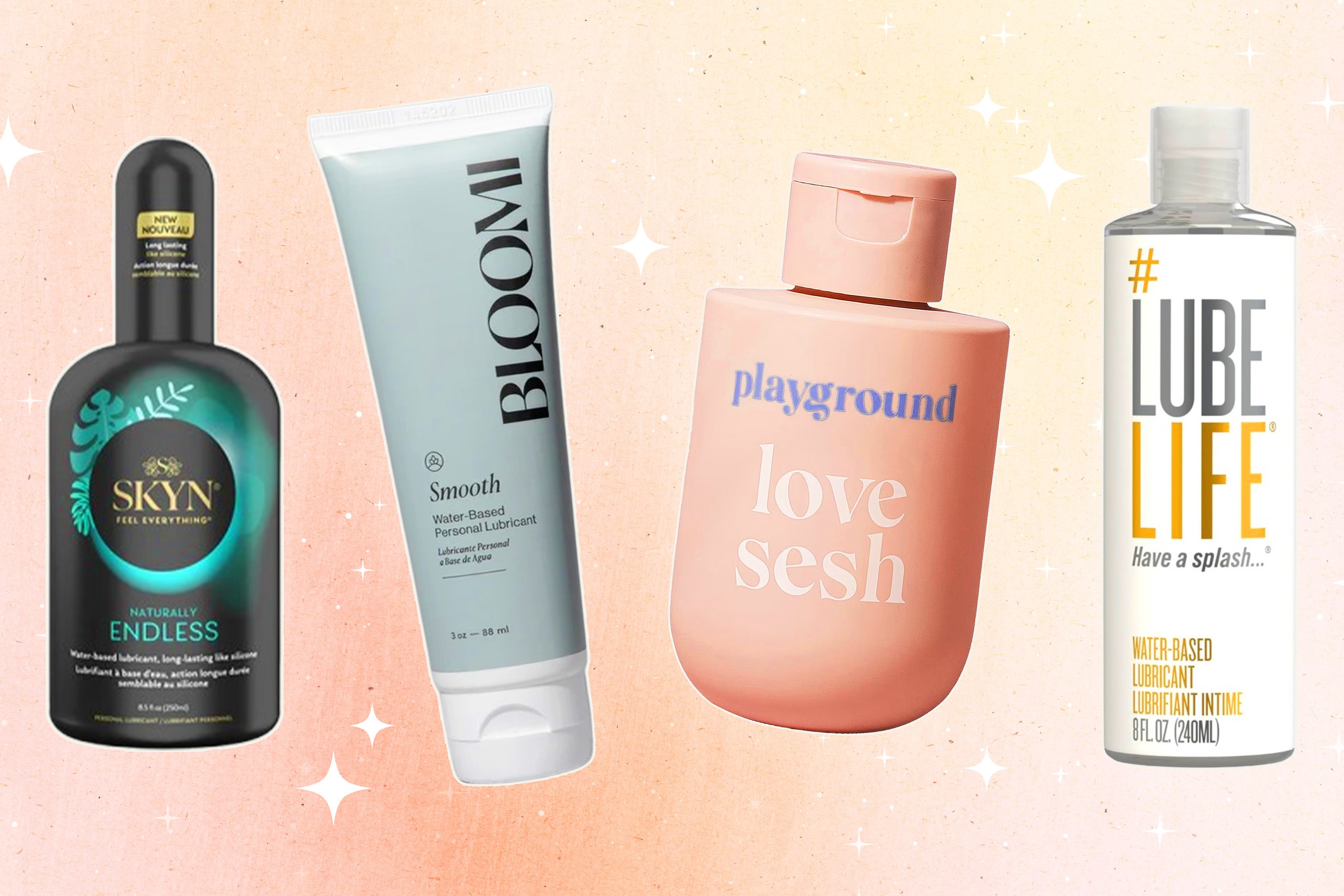 A collage of various lubricants against a pink background.