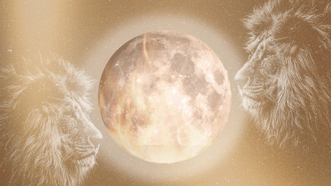 Two Lions on opposite sides of a full moon with flames rising from its center